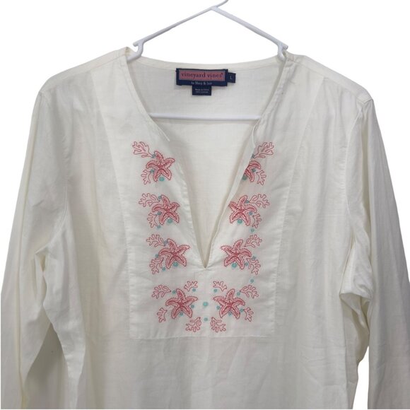 Vineyard Vines Women Ivory Embroidered Tunic Top-3/4 Sleeve SZ Large Soft Cotton - Picture 2 of 13